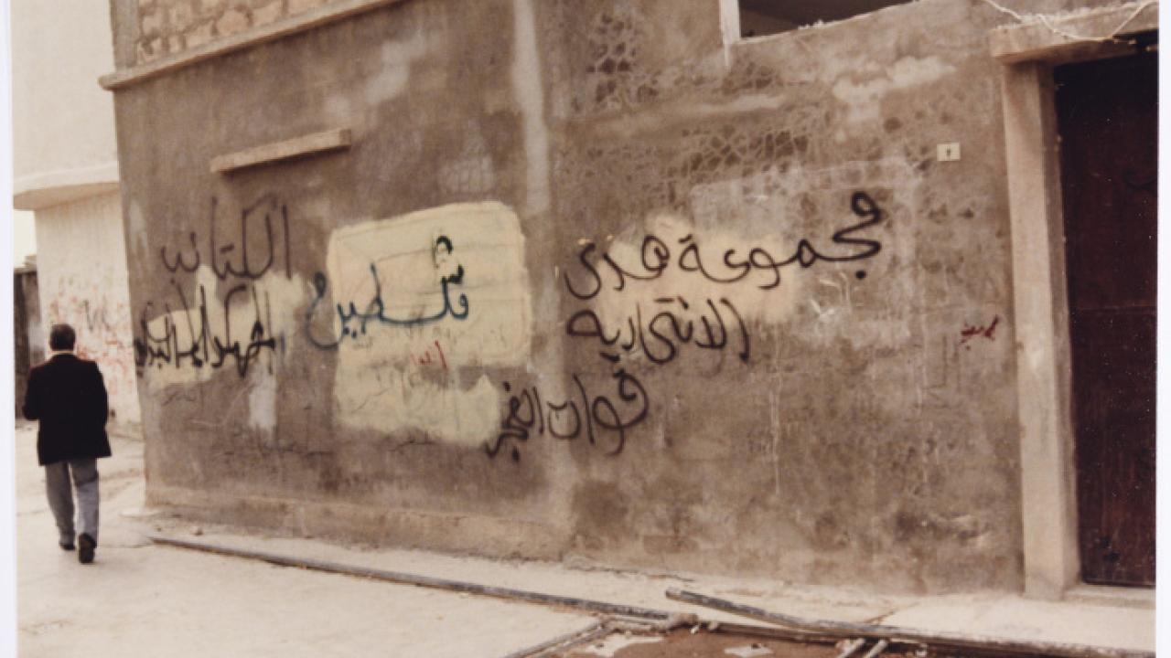 صورة لجدار مغطى بالكتابات والشعارات في مخيم المية مية للاجئين الفلسطينيين في لبنان.